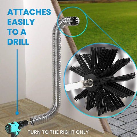 Pro Grade Dryer Vent Cleaning Kit With Nylon Lint Brush, 20 Foot Reach, showing flexible drill attachment and rotating brush