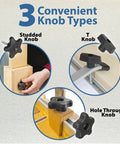 Image showing 3 types of knobs: studded knob in use on wood, T knob on a track, and hole through knob for woodworking with 46 Piece T Track Bolts And Knobs Kit With 1/4-20 Bolts And Threaded Knobs For Woodworking Includes T Nuts And Inserts Ideal For Building Custom Jigs And Fixtures Complete T Track Hardware Set For Woodworking Projects.