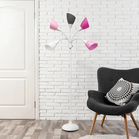 Medusa Five Light Adjustable Gooseneck Floor Lamp With White Base And Pink White Gray Shades Tall 67 Inch Contemporary Multi Head Lighting For Kid Friendly Bedroom Playroom Living Room And Office next to armchair.