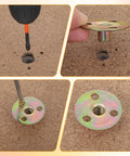 Solid As A Rock Furniture Leg Mounting Plates 4 Pack Fixes Wobbly Sofa Chair And Cabinet Feet No Sweat Diy Repair Kit With All Necessary Screws Included being installed on wood.