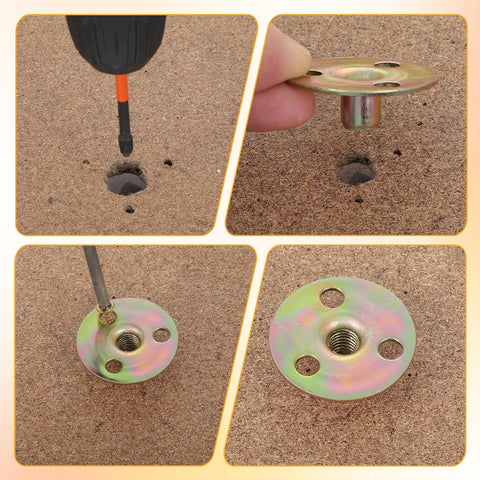 Solid As A Rock Furniture Leg Mounting Plates 4 Pack Fixes Wobbly Sofa Chair And Cabinet Feet No Sweat Diy Repair Kit With All Necessary Screws Included being installed on wood.