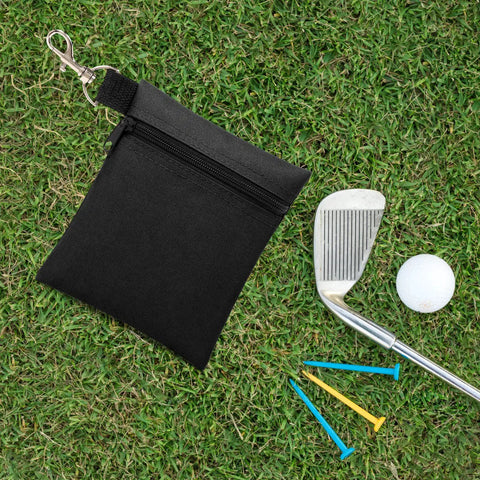 Durable Golf Tee Pouch With Zipper And Clip 600D Polyester Ball And Tee Bag Metal Lobster Claw Clip beside golf club and ball on grass