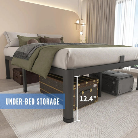 Built Tough Full Size Metal Platform Bed Frame Holding Fast To Three Thousand Pounds With Zero Whining From The Joints And Fourteen Inch Clearance For Dropping In All Your Off Season Gear with 12.4 inches clearance for under-bed storage.