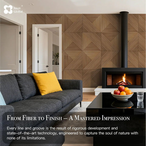 Big League Acoustic Wall Panels Providing Legit Sound Absorption And Straight Up Echo Control For Home Studios Or Listening Rooms Constructed From Heavy Duty Groove Patterned Polyester Fiber on a styled wall.