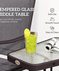 Tempered glass middle table with drink on Two Seat Outdoor Glider Chairs With Coffee Table For Patio Backyard And Porch Breathable Sling Seats Gray