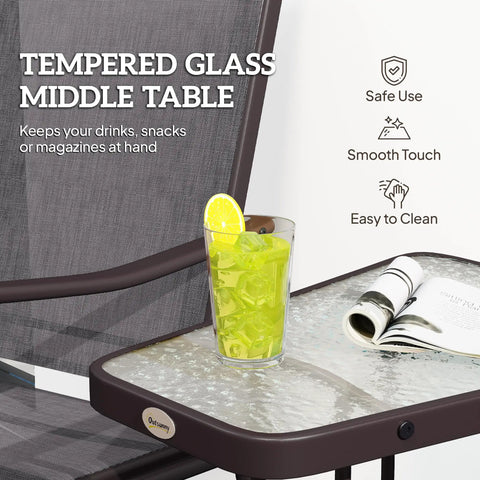Tempered glass middle table with drink on Two Seat Outdoor Glider Chairs With Coffee Table For Patio Backyard And Porch Breathable Sling Seats Gray