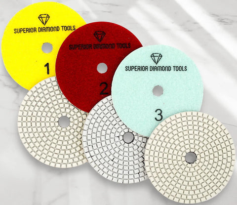 Pro Grade 3 Step Diamond Polishing Pads For Wet Or Dry Use 4 Inch White Resin Hook And Loop Backing 3 Pads on marble surface