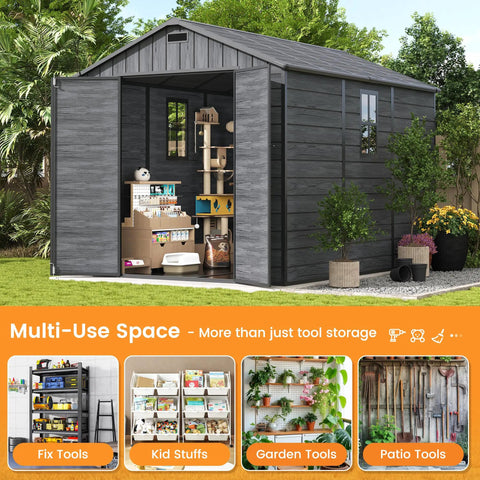 Outdoor Resin Storage Shed 8x10 Feet With Floor Durable Sturdy Plastic Garden Tool Shed For Bike And Gear Lockable Door Big Backyard Patio Storage Dark Gray, shown open with various tools inside.