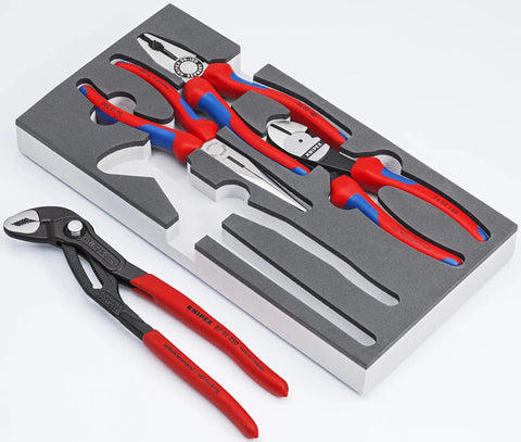 4 Piece Basic Pliers Set In Foam Tray Featuring Combination Pliers Long Nose Pliers Diagonal Cutters And Cobra Water Pump Pliers