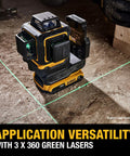 20V Max Laser Level With Cross Line And Three 360 Degree Green Beams Bare Tool Only For Indoor Layouts Self Leveling Lines Up To 40 Meters Indoors Or Up To 100 Meters With Detector on wood floor