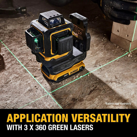 20V Max Laser Level With Cross Line And Three 360 Degree Green Beams Bare Tool Only For Indoor Layouts Self Leveling Lines Up To 40 Meters Indoors Or Up To 100 Meters With Detector on wood floor