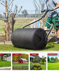Man using 18 Inch By 24 Inch Poly Lawn Roller With Threaded Plug, 270 Lb Capacity, Push Or Tow Design for lawn care