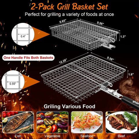 Two Piece Outdoor Grill Basket Set With Removable Wooden Handles, Stainless Steel BBQ Grilling Baskets for Meat Fish Veggies Seafood