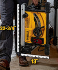 Dewalt Compact Jobsite Table Saw measuring 22-3/4" x 13", featuring a smooth rack and pinion fence for precise cuts.