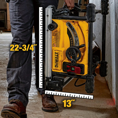 Dewalt Compact Jobsite Table Saw measuring 22-3/4" x 13", featuring a smooth rack and pinion fence for precise cuts.