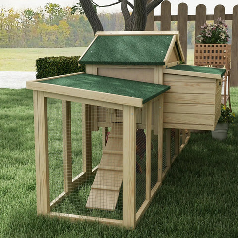 Side view of 80 Inch Wooden Chicken Coop With Nesting Box And Double Run Design Outdoor Hen House in backyard setting