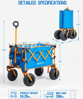 Foldable Beach Wagon With Balloon Wheels For Soft Sand Heavy Duty Collapsible Cart Built For Beach Days Camping And Outdoor Hangouts Large Capacity Interior With Umbrella Holder And Side Storage 330 Lbs Load Capacity shown folded in Turtle Blue with specifications.