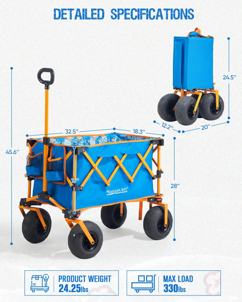Foldable Beach Wagon With Balloon Wheels For Soft Sand Heavy Duty Collapsible Cart Built For Beach Days Camping And Outdoor Hangouts Large Capacity Interior With Umbrella Holder And Side Storage 330 Lbs Load Capacity shown folded in Turtle Blue with specifications.
