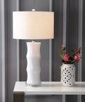 26.5 Inch White Ceramic Table Lamp With Linen Drum Shade And Bamboo Design For Living Room Or Bedroom Nightstand Modern Bedside Light