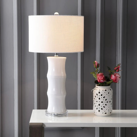 26.5 Inch White Ceramic Table Lamp With Linen Drum Shade And Bamboo Design For Living Room Or Bedroom Nightstand Modern Bedside Light