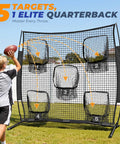 Child practicing with 6x6ft Football Throwing Net With Five Target Pockets For Quarterback Accuracy Training in backyard
