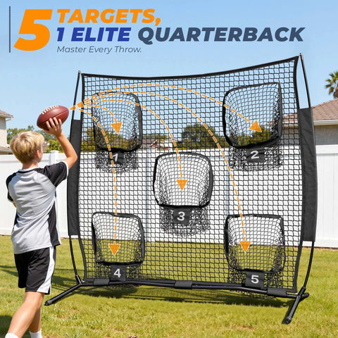 Child practicing with 6x6ft Football Throwing Net With Five Target Pockets For Quarterback Accuracy Training in backyard