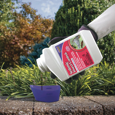 Systemic Insect Control Concentrate for Outdoor Lawn and Garden, fast acting insecticide being poured into measuring container