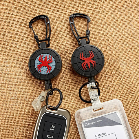 Heavy Duty Retractable Keychain With Carabiner Badge Holder And Tactical ID Reel, 30 Inch Steel Cord, Rugged Key Ring, spider design