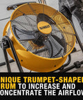 Close-up of 20 Inch Industrial High Velocity Drum Fan with 3-Speed Tilting Head, yellow trumpet-shaped design for strong airflow.