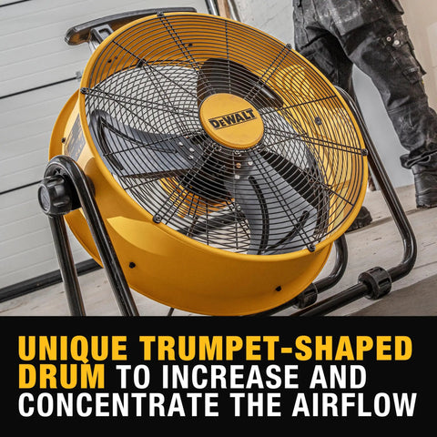 Close-up of 20 Inch Industrial High Velocity Drum Fan with 3-Speed Tilting Head, yellow trumpet-shaped design for strong airflow.