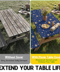 Comparison of wooden picnic table without cover and with Waterproof Picnic Table Cover With Bench Covers For 72 Inch Tables And 72 Inch Benches.