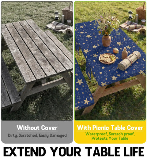 Comparison of wooden picnic table without cover and with Waterproof Picnic Table Cover With Bench Covers For 72 Inch Tables And 72 Inch Benches.