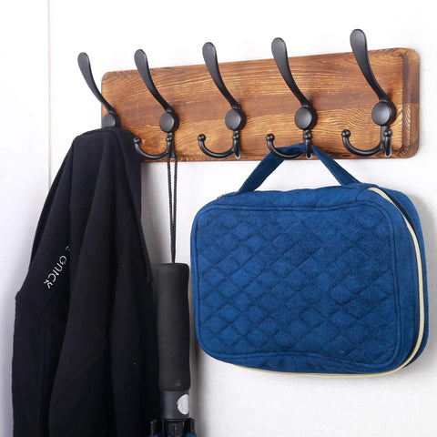 Rustic Wall Mounted Coat Rack With 16 Inch Stud Spacing Pine Real Wood Plank 5 Triple Hooks Farmhouse Wall Hanger holding items