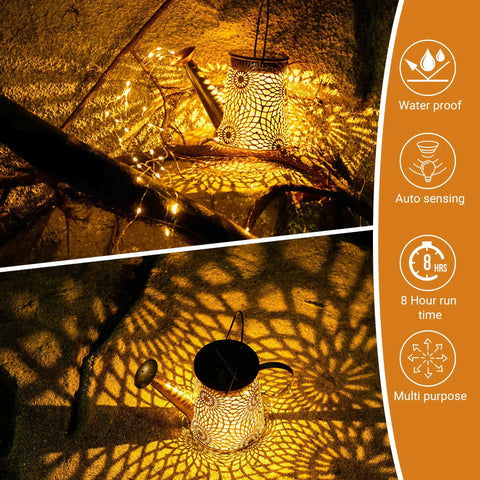 Solar Watering Can With Cascading Lights Two In One Outdoor Hanging Lantern Garden Decor illuminating a dark garden path.