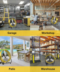 30 Inch High Velocity Industrial Drum Fan in garage, workshop, patio, and warehouse settings for quick cooling.