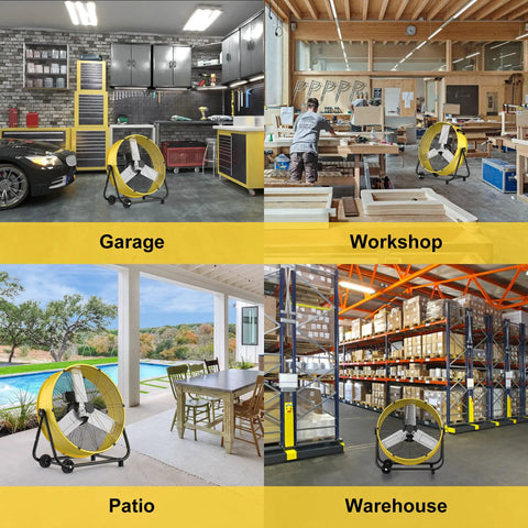 30 Inch High Velocity Industrial Drum Fan in garage, workshop, patio, and warehouse settings for quick cooling.