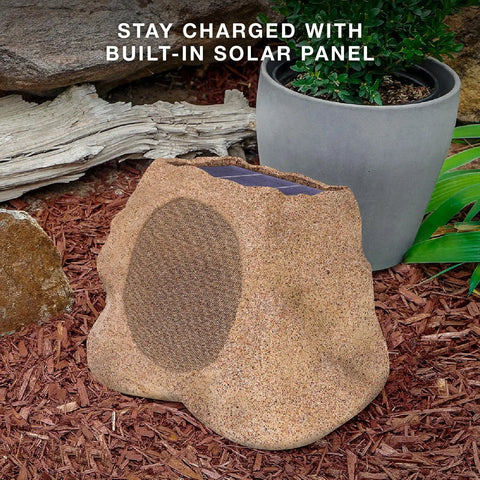 Rock Speaker Connect Stone Outdoor Wireless Speaker With Bluetooth 5.3, 22 Hour Battery Life, Solar Charging, Link Up To 20 Rock Speakers, IP65 Water And Dust Resistant For Backyard Parties And Patio Hangouts on mulch