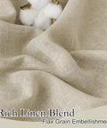 Close-up of beige semi-sheer linen textured curtain fabric with flax embellishment, part of the Semi Sheer Linen Textured Curtains 52x84 Inches, 2 Panel Set, Light Glare Filtering Drapes For Living Room, Bedroom, And Dining, Beige, Large Window Decor, Easy Hang With Rod Pocket And Back Tabs.