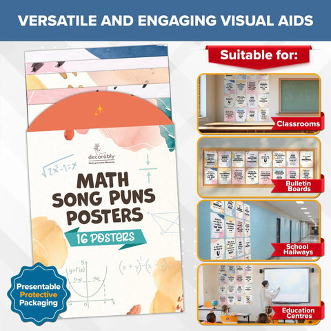 16 Funny Math Posters For High School Classrooms 11x14 Matte Laminated Decor For Hallways Bulletin Boards And Home Study Areas Engaging Playful Lessons To Boost Recall, showing packaging and usage examples in classrooms and hallways.