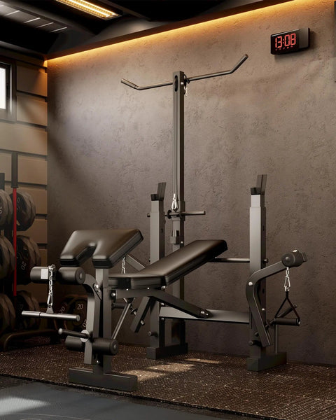 8 In 1 Weight Bench Set For Home Gym Foldable Bench With Preacher Curl Pad Lat Pulldown Leg Extension Leg Curl And Bench Press For Full Body Training Today on display in a home gym.
