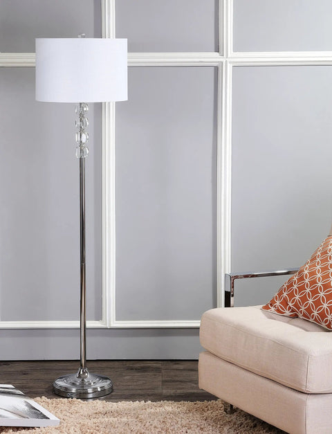 Lit Glam Chrome And Crystal LED Floor Lamp With White Linen Drum Shade, 59.5 Inch Tall Standing Pole Light in living room setting