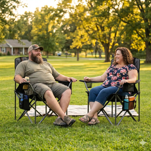 Two Pack Oversized Padded Camping Chairs With 25.2 Inch Extra Wide Seat And Adjustable Lumbar Support in a park setting