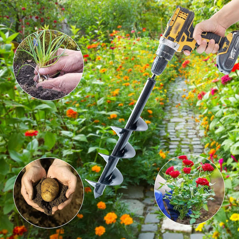 VASGOR four-piece garden auger drill bit set for planting; sizes 1.6x9, 2.4x12, 3.2x16, 4x16 for 3/8 hex drive drill
