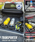 Truck cargo area with Universal Scuba Tank Transporter With Valve Protection Non Slip Pad Quick Release Strap