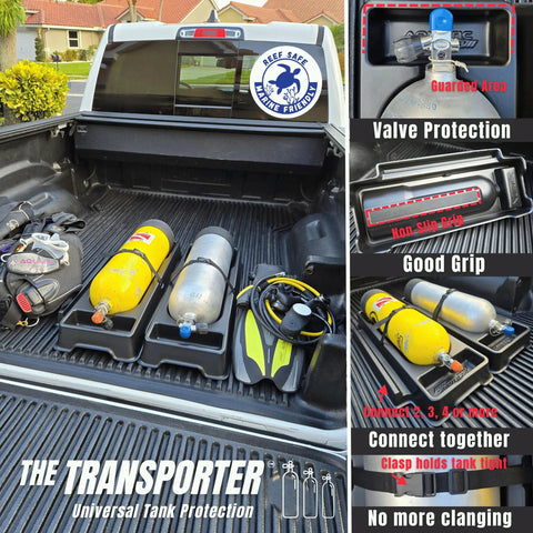Truck cargo area with Universal Scuba Tank Transporter With Valve Protection Non Slip Pad Quick Release Strap