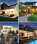Collage of outdoor home lighting using Sensor A21 LED Light Bulbs 100W Equivalent Non Dimmable Daylight White 5000K Outdoor Use 6 Pack.