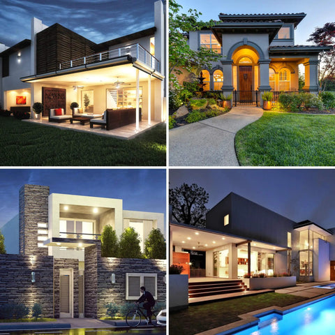 Collage of outdoor home lighting using Sensor A21 LED Light Bulbs 100W Equivalent Non Dimmable Daylight White 5000K Outdoor Use 6 Pack.