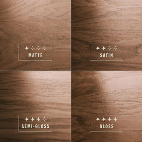 Four wood finish panels comparing matte, satin, semi-gloss, and gloss finishes for Interior Water Based Satin Polyurethane For Wood Protection Fast Dry Time Easy Clean Up Clear Satin Finish Stain And Scratch Resistant Go To Finish For Furniture Cabinets Trim And Windows Workhorse Half Pint.