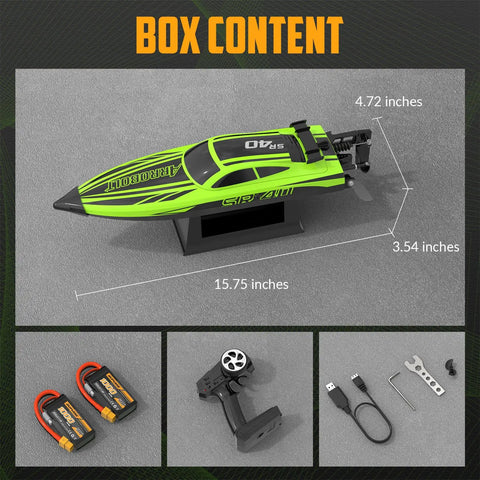 Box contents of Brushless RC Boat For Adults With Dual Rechargeable Batteries, 30+ MPH speed. Includes batteries, remote, charger.