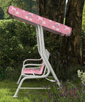 Side view of Two Seater Kids Patio Swing With Adjustable Canopy Safety Belt Unicorn Rainbow Pattern Hanging Bench